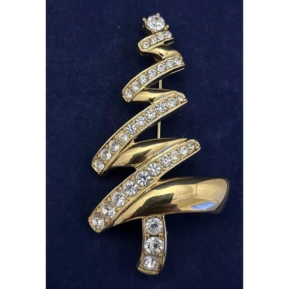 Vintage Monet Christmas Tree Brooch Rhinestone Gold Tone Zig Zag Holiday Pin - Picture 1 of 5